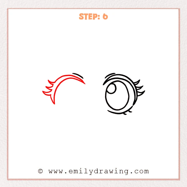 how to draw an anime eyes - Step 6: The left eye gains a thick upper lid and outward lashes to match the right eye.